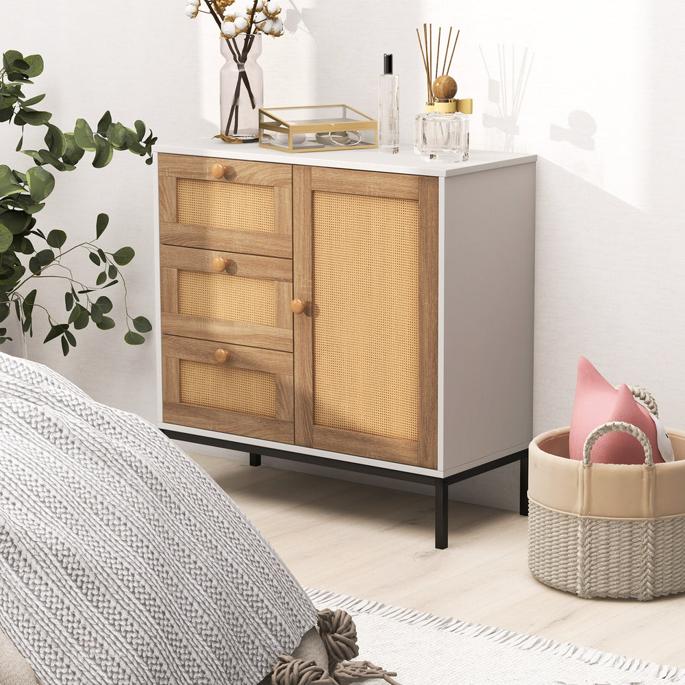 Rattan sideboard buffet cabinet in white with 1 door and 3 drawers, perfect for stylish storage in any room.