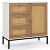 Rattan sideboard buffet cabinet with 1 door and 3 drawers, featuring a white finish and sturdy metal legs for versatile.