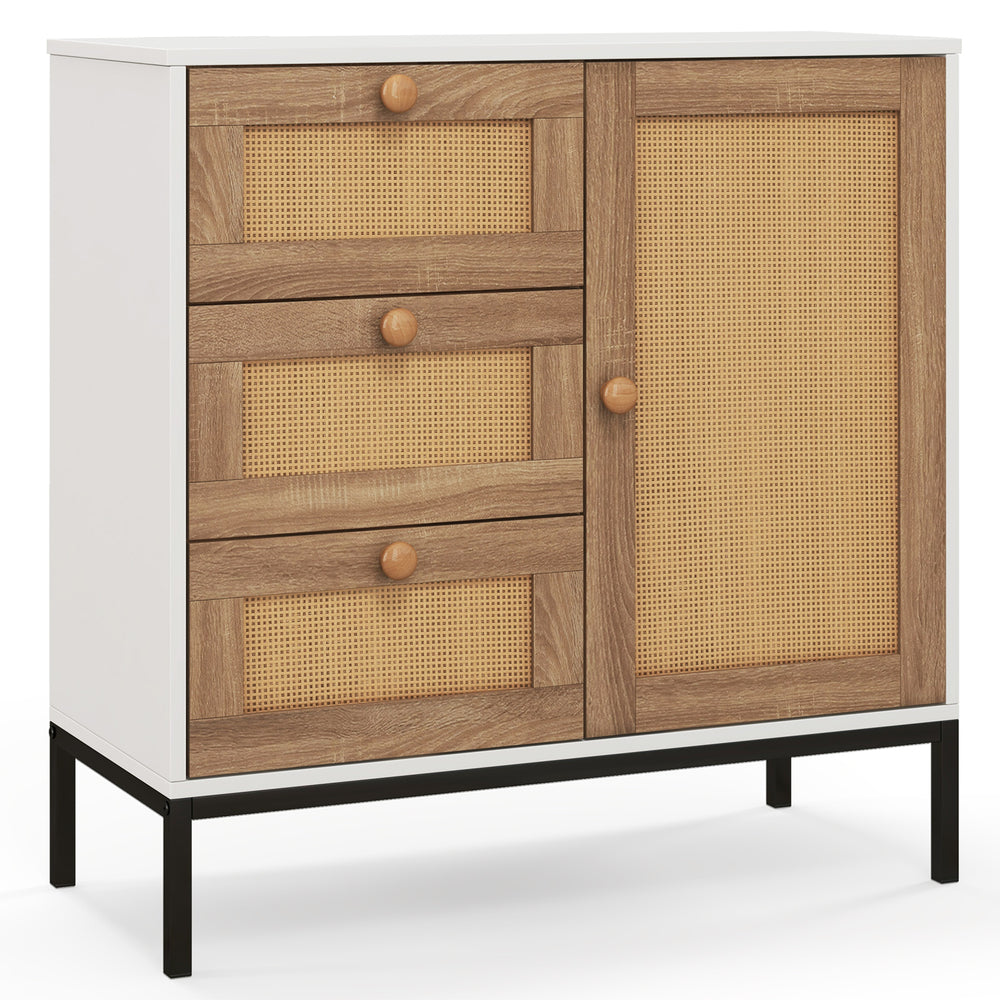 Rattan sideboard buffet cabinet with 1 door and 3 drawers, featuring a white finish and sturdy metal legs for versatile.