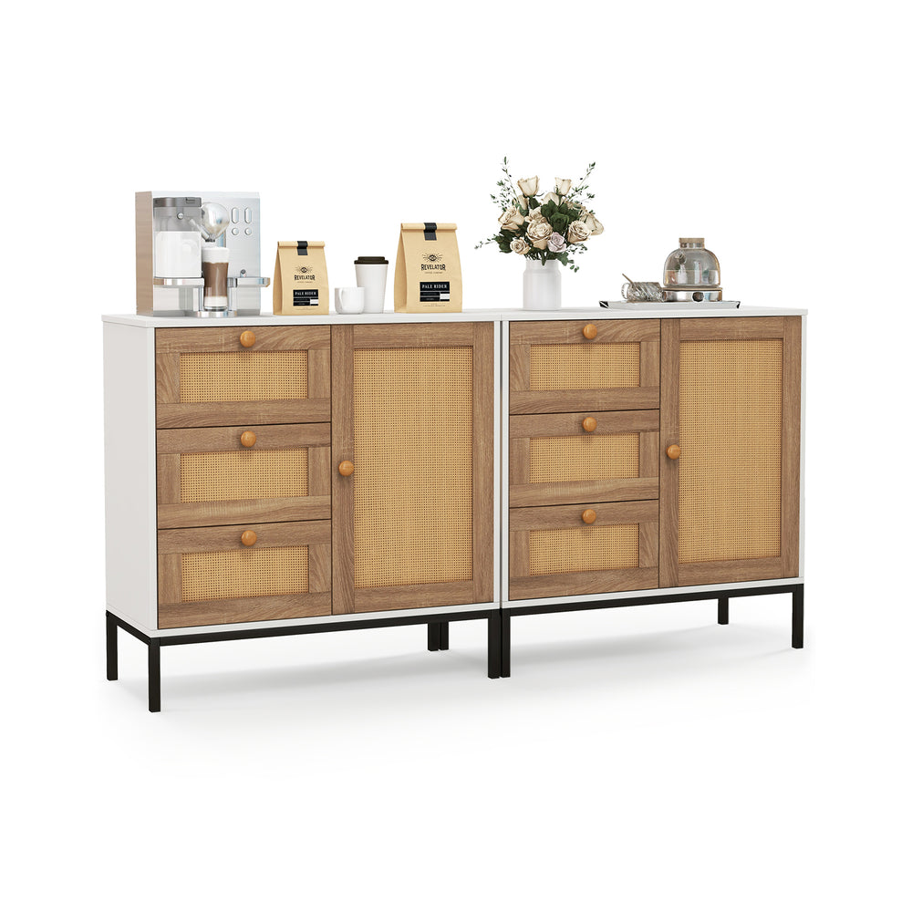 Rattan sideboard buffet cabinet in white with 1 door and 3 drawers, featuring sturdy metal legs for versatile storage.