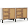 Rattan sideboard buffet cabinet featuring 1 door and 3 drawers, with a white finish and sturdy metal legs for versatile.
