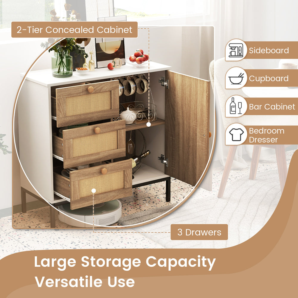 Rattan sideboard buffet cabinet with 1 door and 3 drawers, featuring a 2-tier design for versatile storage in any room.