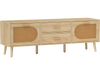 Rattan TV stand with dual drawers and cabinets, solid wood legs, perfect for 65-inch TVs in any living space.