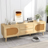 Rattan TV stand showcasing a boho design with a spacious top, perfect for stylishly displaying 65-inch TVs in any room.