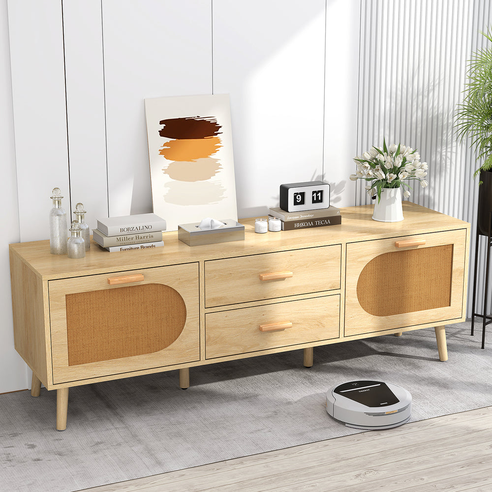 Rattan TV stand showcasing a boho design with a spacious top, perfect for stylishly displaying 65-inch TVs in any room.