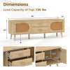 Rattan TV stand with dual drawers, solid wood legs, and spacious top for 40"-65" TVs, ideal for living room use.