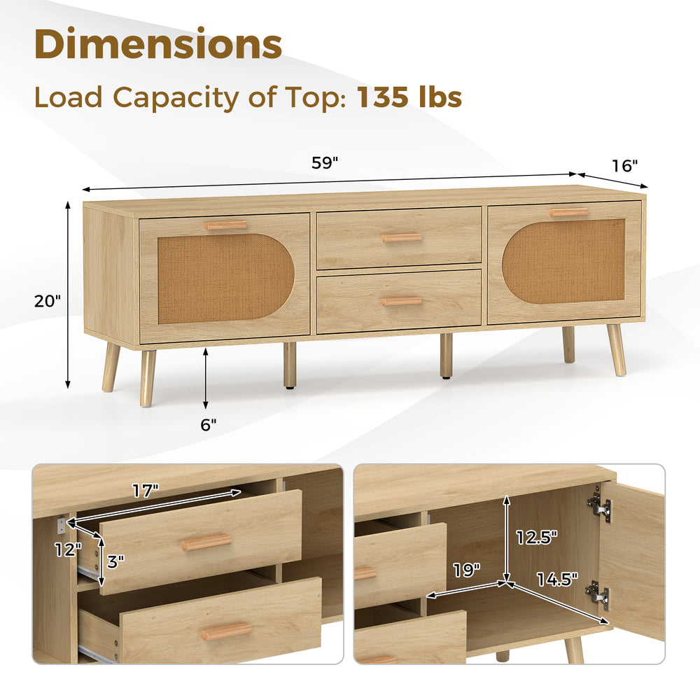 Rattan TV stand with dual drawers, solid wood legs, and spacious top for 40"-65" TVs, ideal for living room use.