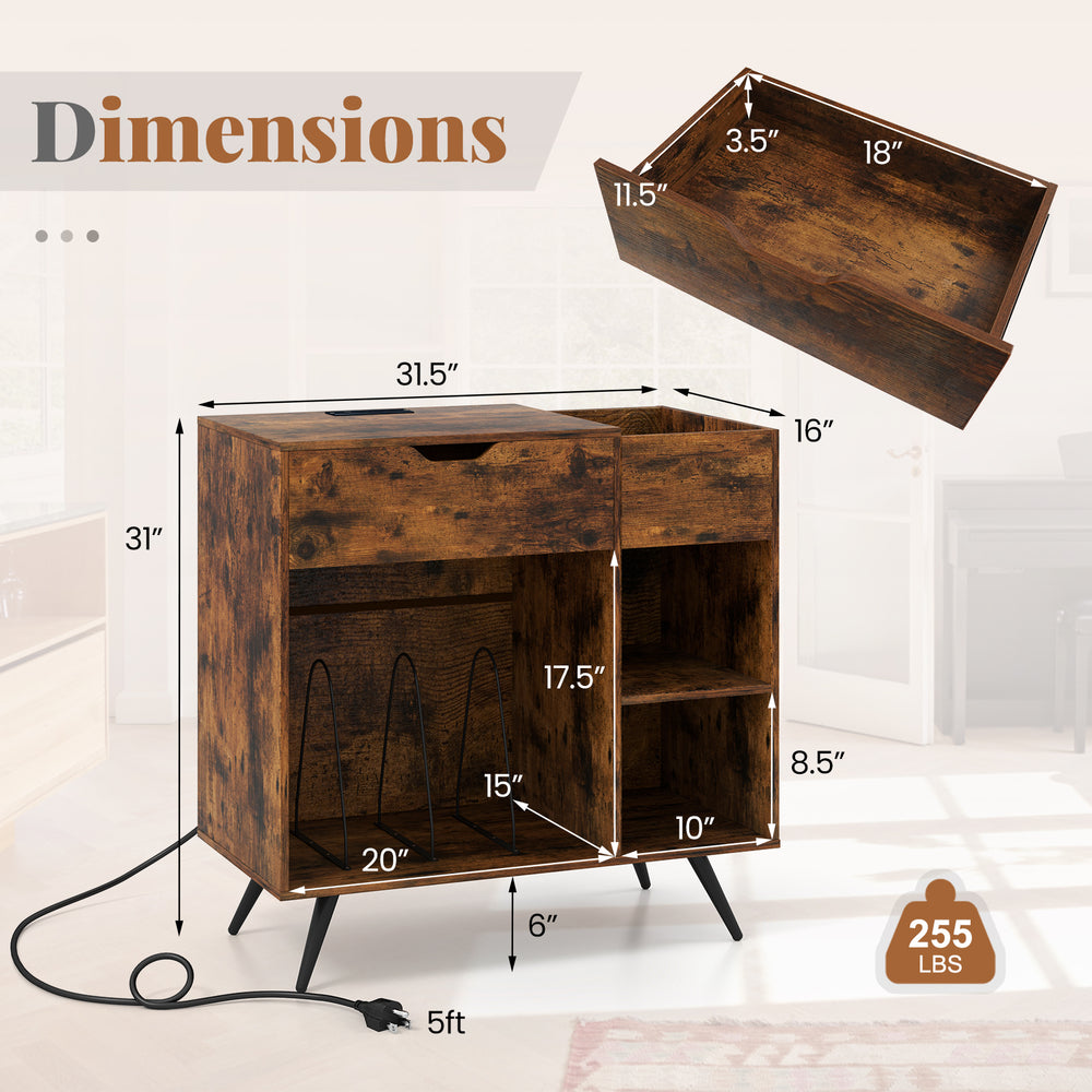 Dimensions of the rustic brown record player stand with power outlet, featuring storage drawer and open cubby for vinyl.