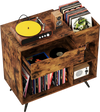 Record player stand in rustic brown with charging station, storage drawer, and open cubby for vinyl records and decor.