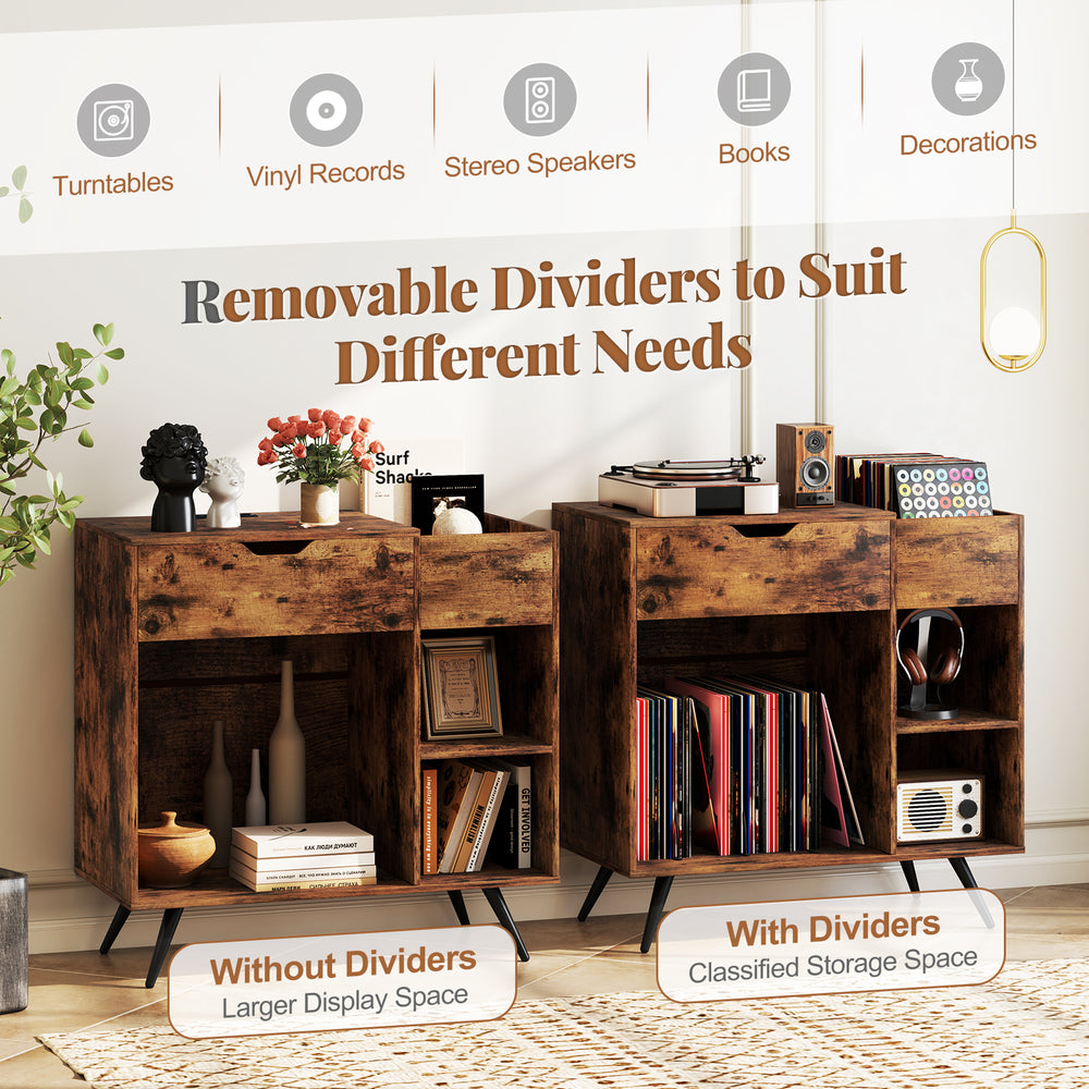 Record player stand in rustic brown with removable dividers, ideal for organizing vinyl records and decor items.