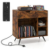 Record player stand in rustic brown with charging station, open cubbies, and storage drawer for vinyl records and decor.