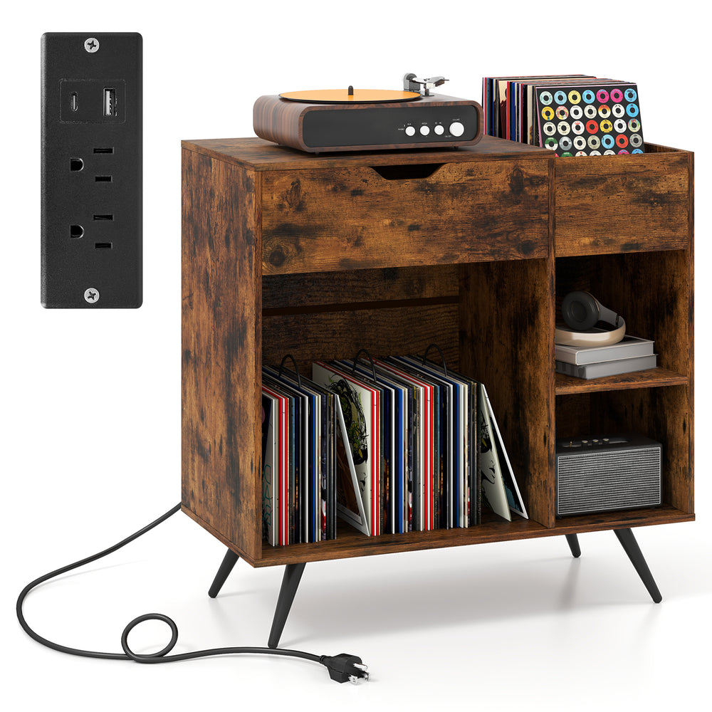 Record player stand in rustic brown with charging station, open cubbies, and storage drawer for vinyl records and decor.