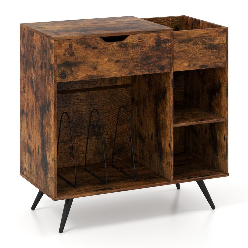 Rustic brown record player stand with charging station, storage drawer, and open cubby for vinyl records and decor.
