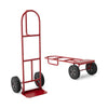 P-handle sack truck in red with 10-inch wheels and foldable load area, ideal for moving and package delivery.
