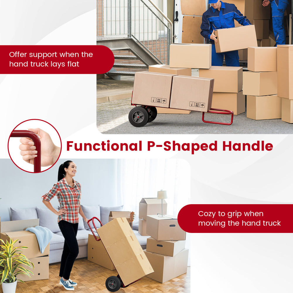 P-handle sack truck with 10-inch wheels, shown in use for moving boxes, features a foldable load area for easy storage.