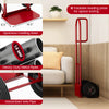 P-handle sack truck in red with foldable load area, heavy-duty metal construction, and 10-inch wheels for easy.