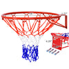 Detail view of the 18-inch red basketball rim showcasing the multi-fit bolt pattern for easy installation on standard.