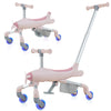 2-in-1 kids ride-on push car in pink with LED lighted wheels, adjustable handle, and large storage basket for indoor.