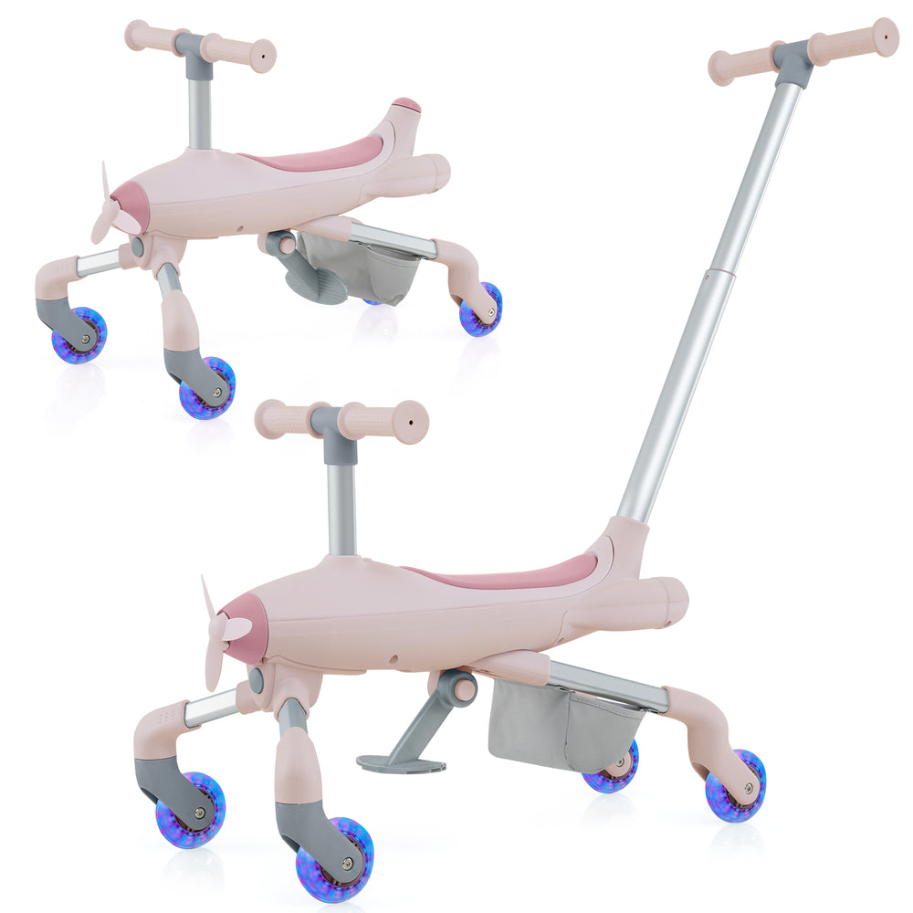 2-in-1 kids ride-on push car in pink with LED lighted wheels, adjustable handle, and large storage basket for indoor.