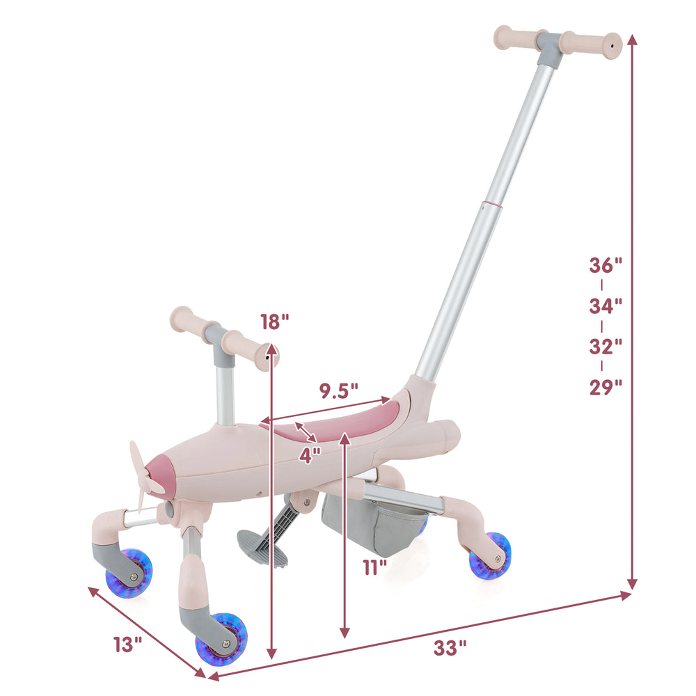 Kids ride-on push car in pink with adjustable handle, LED lighted wheels, and storage basket for indoor and outdoor fun.