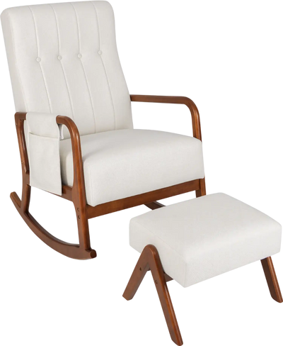 Costway Rocking Chair with Ottoman Solid Rubber Wood Frame Padded Cushion New