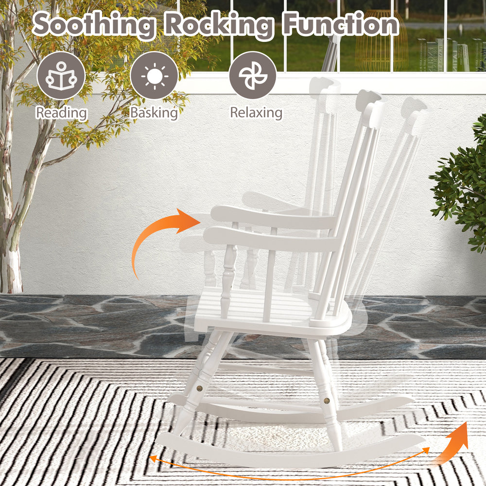 Side view of a white rocking chair with a solid rubber wood frame, showcasing the ergonomic grooved seat for comfort.