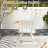 Side view of a white rocking chair with a solid rubber wood frame, showcasing the ergonomic grooved seat for comfort.