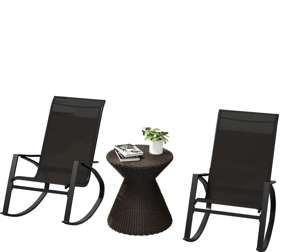 Two black patio rocking chairs with ergonomic backrests on a wooden deck, perfect for backyard relaxation.