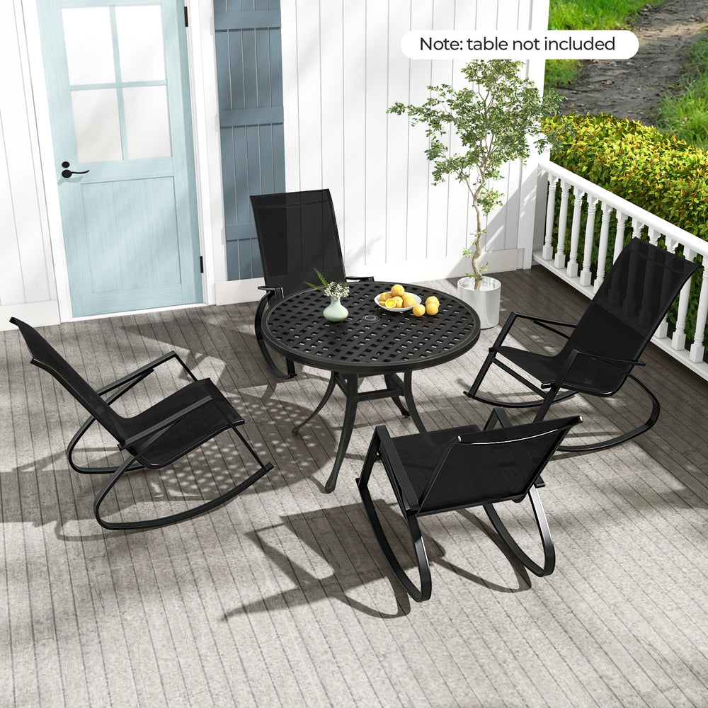 Two black patio rocking chairs with ergonomic backrests, perfect for relaxing on the balcony or poolside.