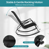 Curved backrest of black patio rocking chair showcasing stable rocking motion and anti-slip rubber mats for safety.