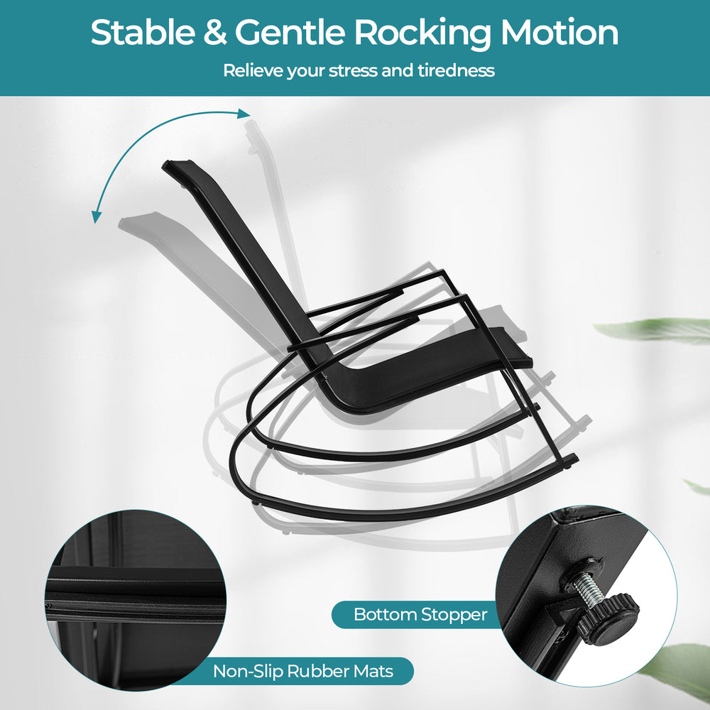 Curved backrest of black patio rocking chair showcasing stable rocking motion and anti-slip rubber mats for safety.