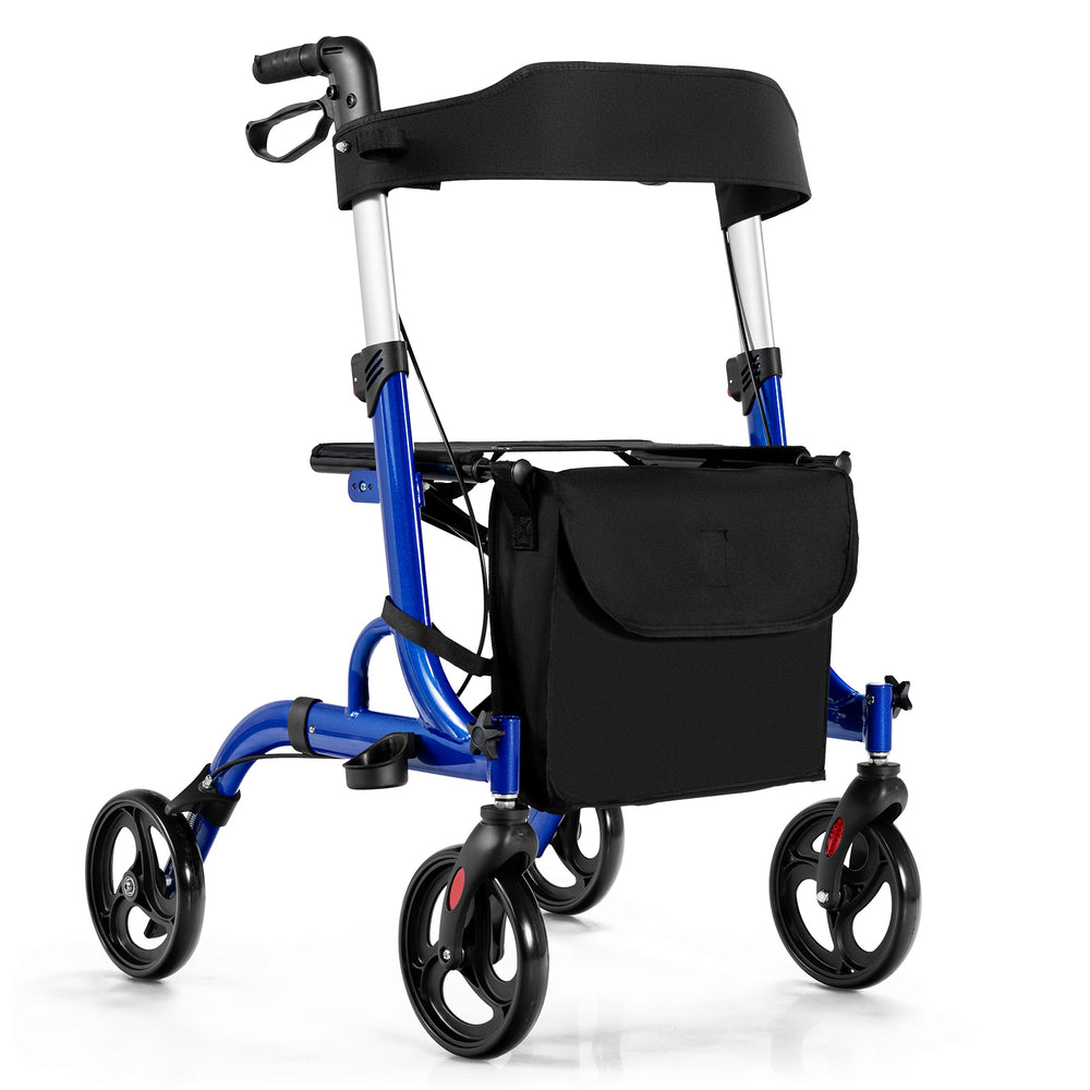 Folding aluminum rollator walker in blue with 8-inch wheels, adjustable height, and a comfortable seat for mobility.