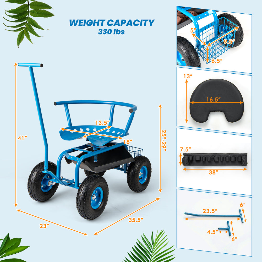 Rolling garden cart in blue with height adjustable swivel seat, storage basket, and 10" inflatable wheels for easy.
