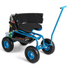 Side view of the rolling garden cart in blue with a sturdy frame, height adjustable swivel seat, and convenient storage.