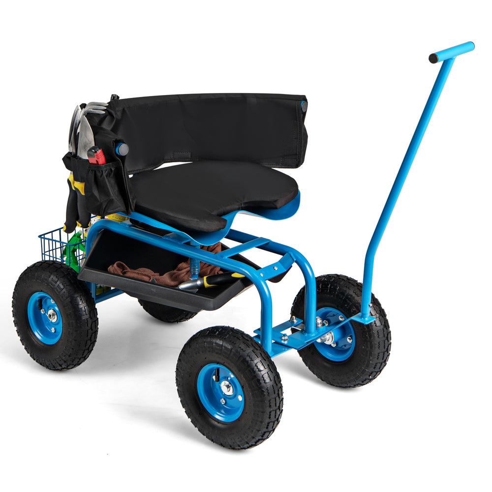 Side view of the rolling garden cart in blue with a sturdy frame, height adjustable swivel seat, and convenient storage.