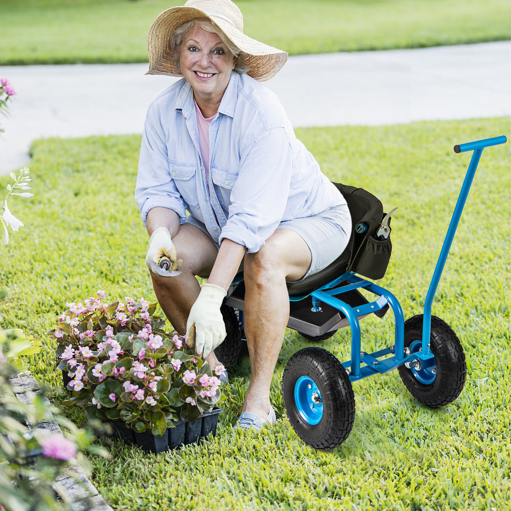 Rolling Garden Cart with Height Adjustable Swivel Seat and Storage Basket-Blue - Gallery View 1 of 11