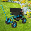 Rolling garden cart in blue with height adjustable swivel seat, storage basket, and 10" inflatable rubber wheels for.