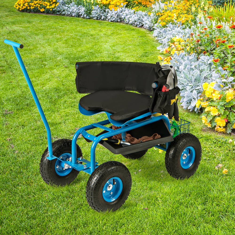 Rolling garden cart in blue with height adjustable swivel seat, storage basket, and 10" inflatable rubber wheels for.