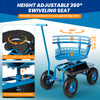 Rolling garden cart with height adjustable swivel seat, storage basket, and 360° mobility for comfortable gardening.