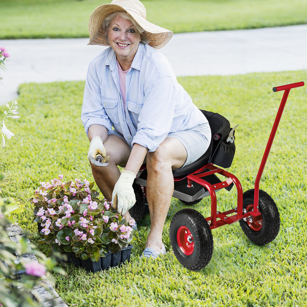 Rolling Garden Cart with Height Adjustable Swivel Seat and Storage Basket-Red - Gallery View 1 of 11
