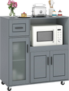 Gray rolling kitchen island with wheels, featuring a microwave space, glass door cabinet, and spacious tabletop for.
