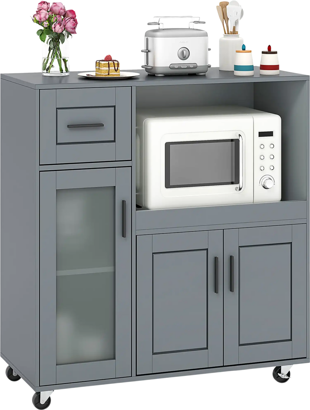 Gray rolling kitchen island with wheels, featuring a microwave space, glass door cabinet, and spacious tabletop for.