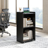 Rolling podium stand in black with two shelves and lockable wheels, ideal for speeches and lectures in modern spaces.