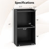 Rolling podium stand specifications with dimensions, featuring two shelves and lockable wheels in black for easy.