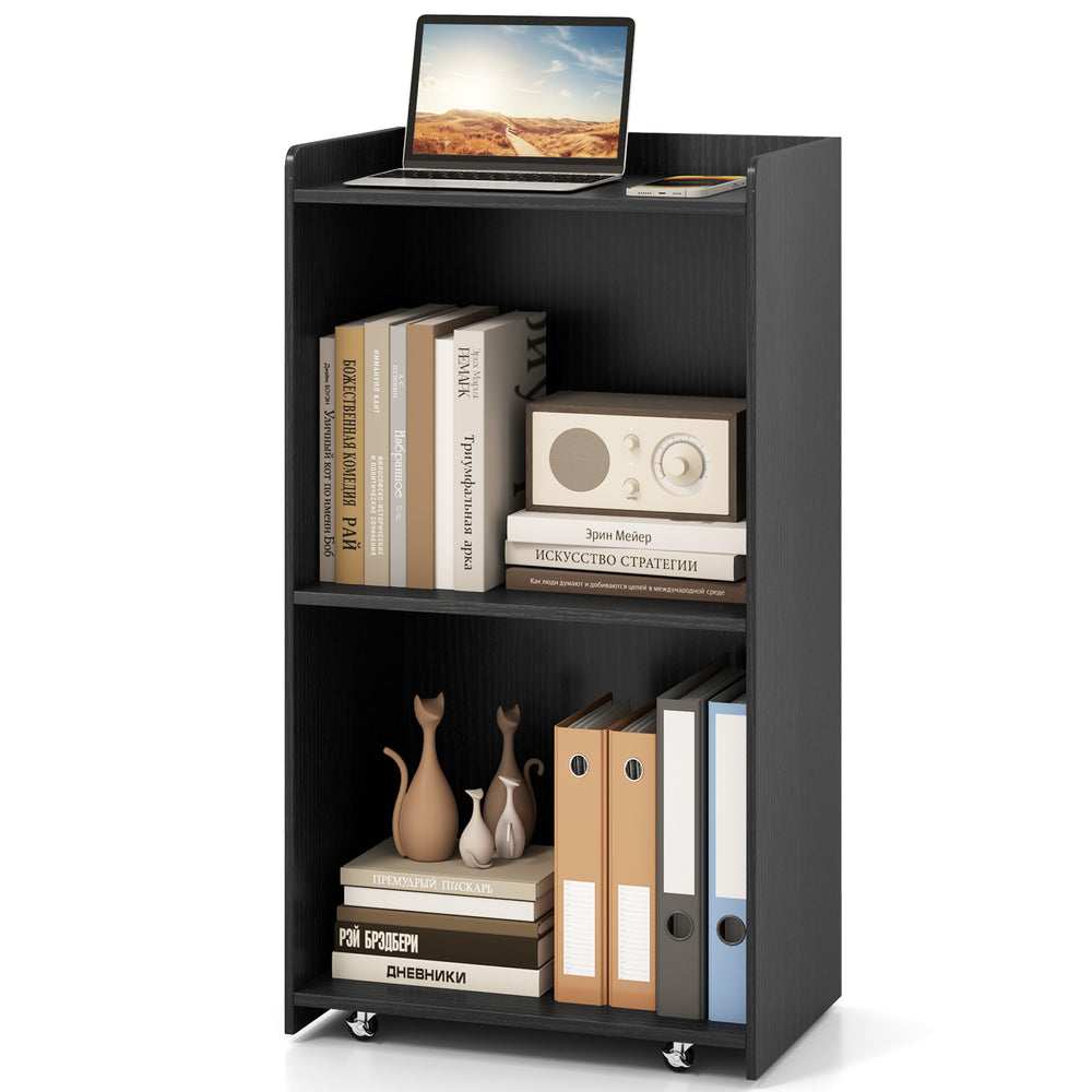 Rolling podium stand in black with two shelves, lockable wheels, and a spacious top for speeches or lectures.