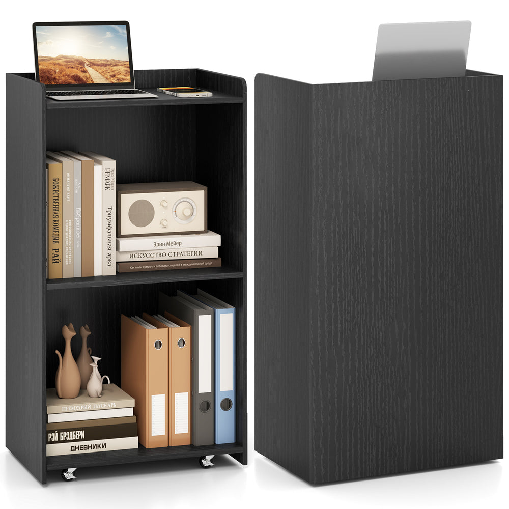 Rolling podium stand in black with two shelves, lockable wheels, and a spacious top for speeches and lectures.