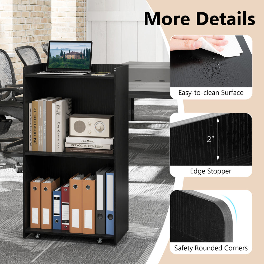 Rolling podium stand with 2 shelves, black finish, lockable wheels, ideal for speeches and easy transport.