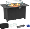 Black propane gas fire pit table with wind guard, 50,000 BTU output, and removable lid for versatile use.