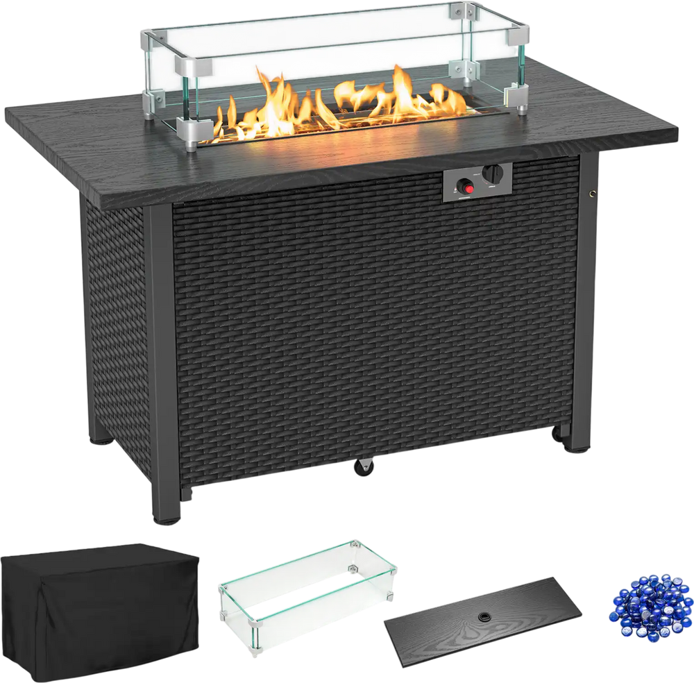 Black propane gas fire pit table with wind guard, 50,000 BTU output, and removable lid for versatile use.
