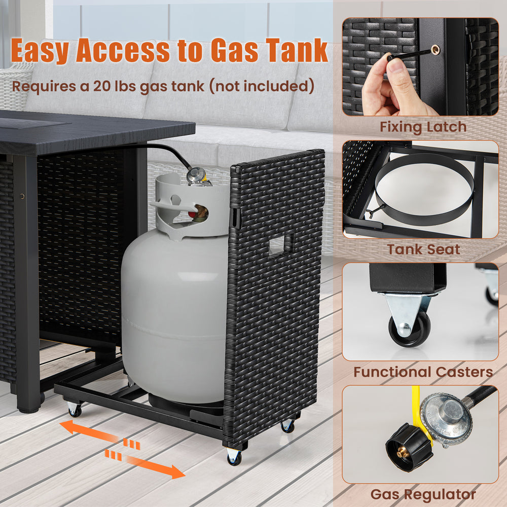 Gas tank storage with easy access and casters for the 50000 BTU propane fire pit table in black rattan design.